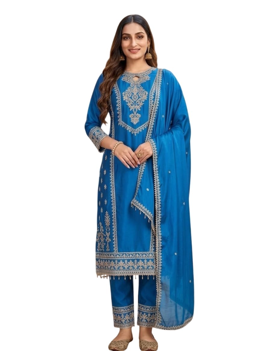 Women's Beautiful Women Pure Chiffon Silk Embroidered Salwar Suit Kurta and Pant Set with Dupatta kurta sets for woman Festive & Party-image-33