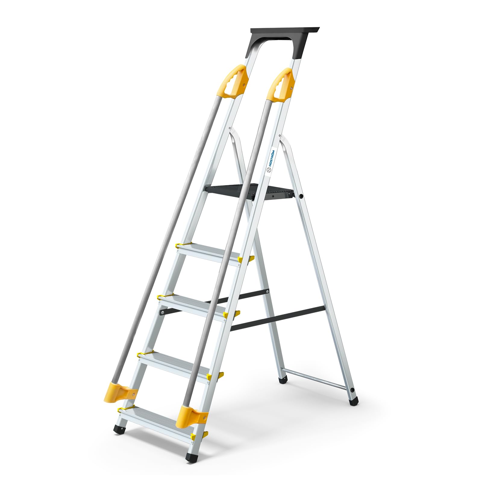 HOSTRÖM Escalera de 5 peldaños DURAMP con rampas de Seguridad y Estante portaherramientas, Ligera y Plegable, Altura de Plataforma 97 cm, garantía de 5 años.