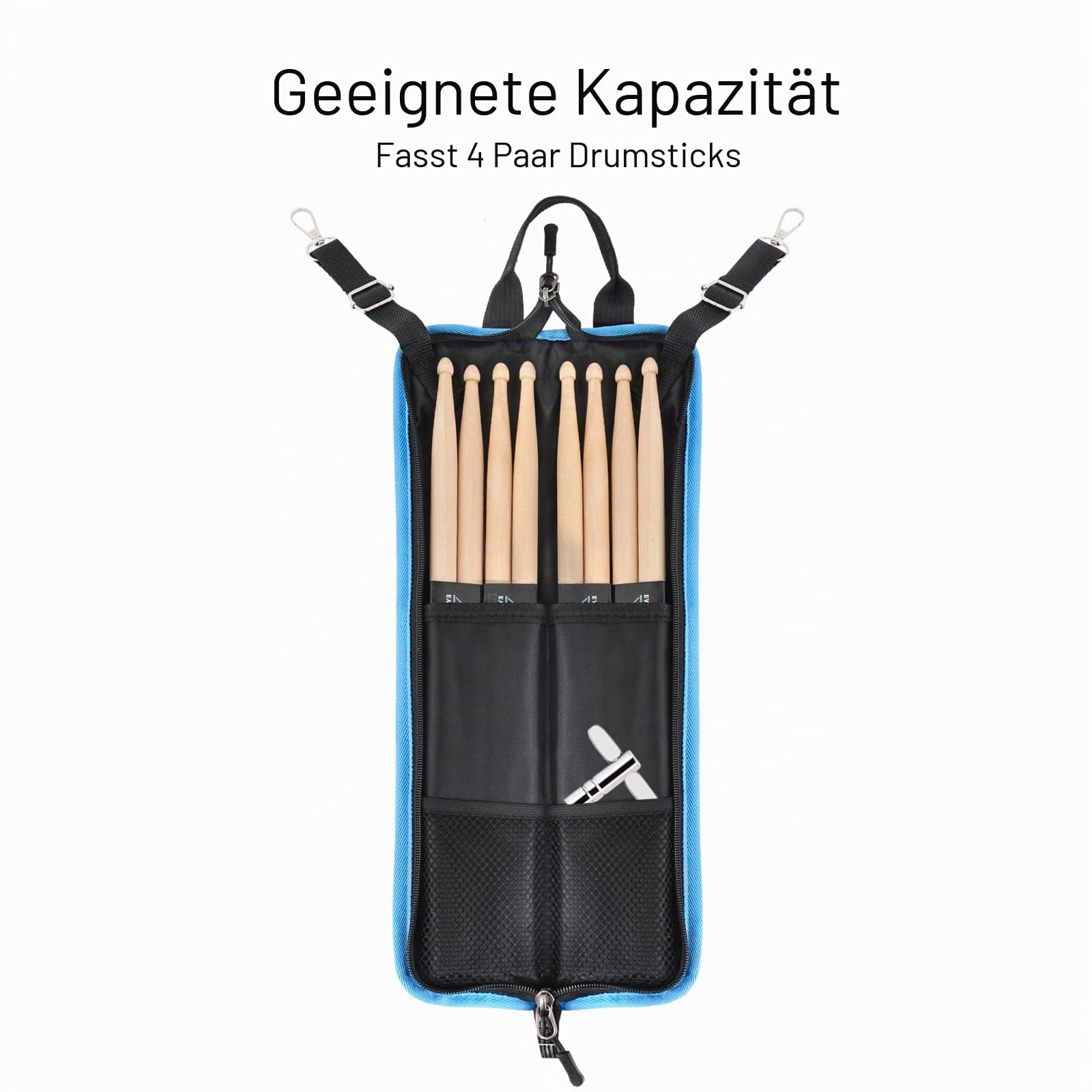 EASTROCK Drumsticks Tasche mit 3 Paar Drumsticks, Floor Tom Haken, Tragegurt für Drumsticks, Drumkeys, Drumdrahtbürsten, Schlägel schwarz