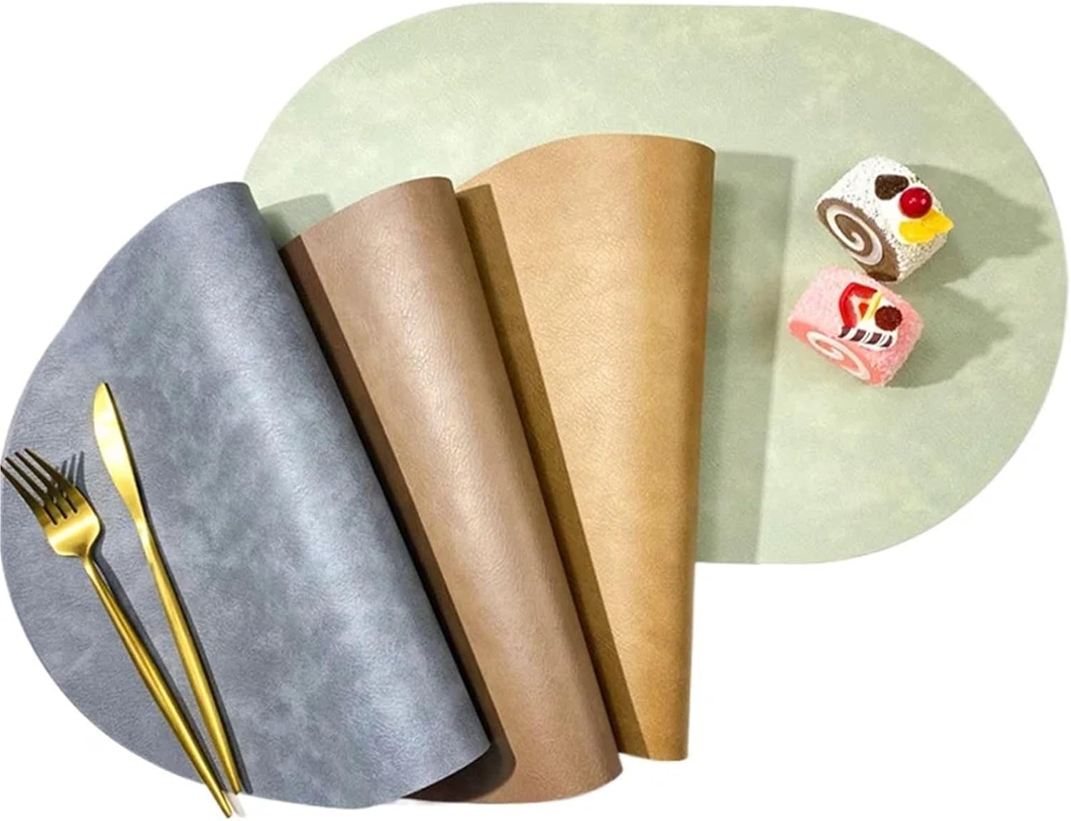 Double Sided Cowhide Patterned Oval PU Leather Placemat Nordic Style Waterproof Oil Hotel Home Dining Table Decor Mat(Light Green Beige)