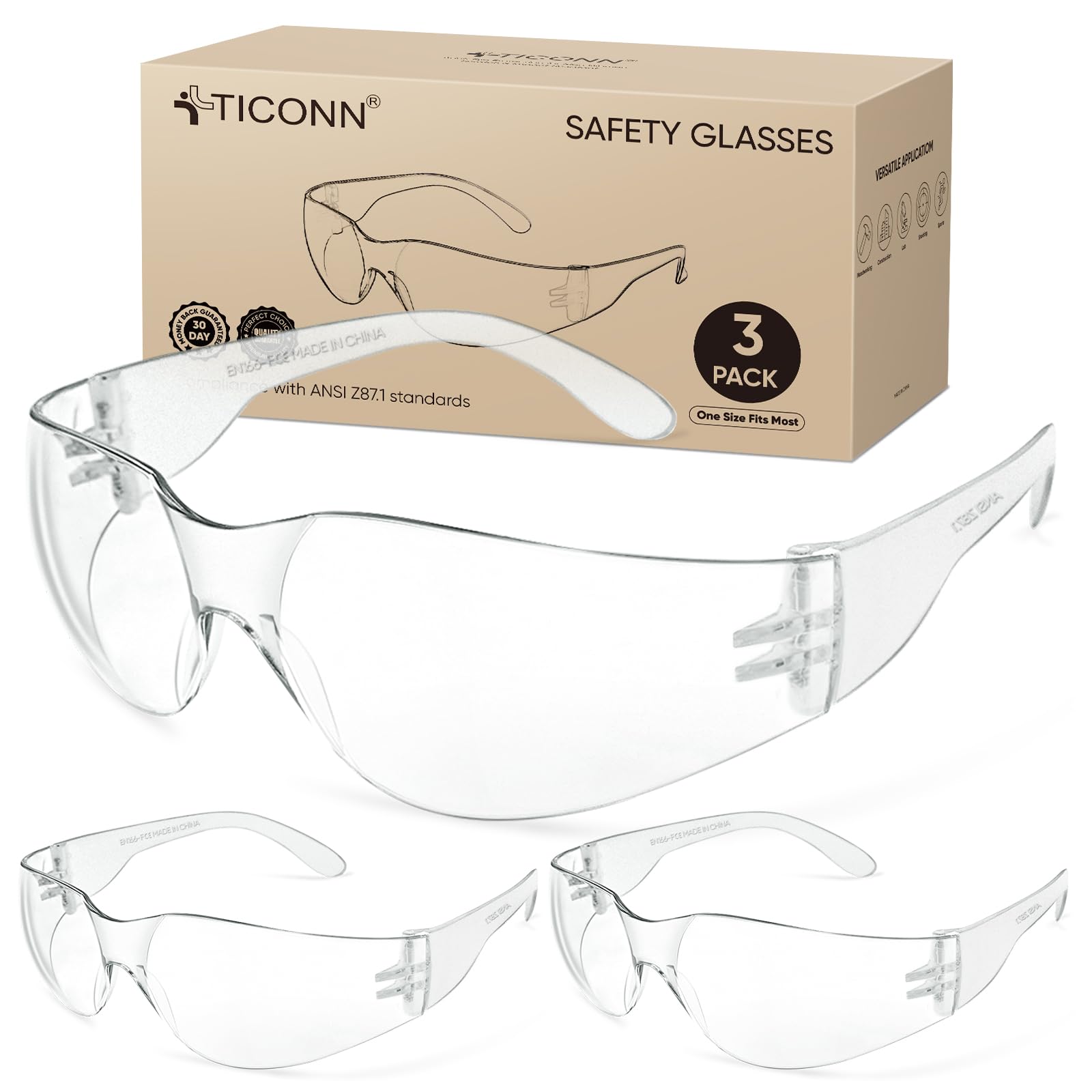 TICONN Clear Safety Glasses for Men and Women, Safety Goggles with Scratch Impact Resistant Meets ANSI Z87.1 Standard