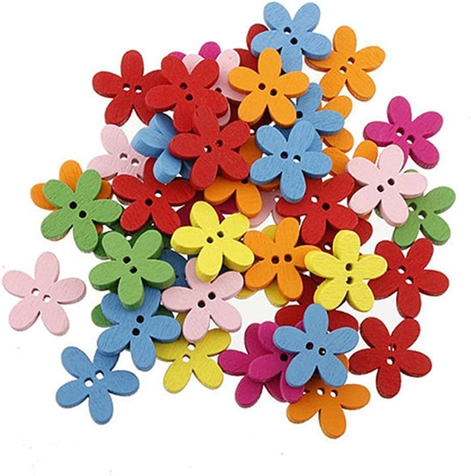 100Pcs Colorful Flower Flatback Wooden Buttons, 0.59 Inch for Sewing Scrapbooking Crafts Unique Decorative Embellishments for DIY Projects