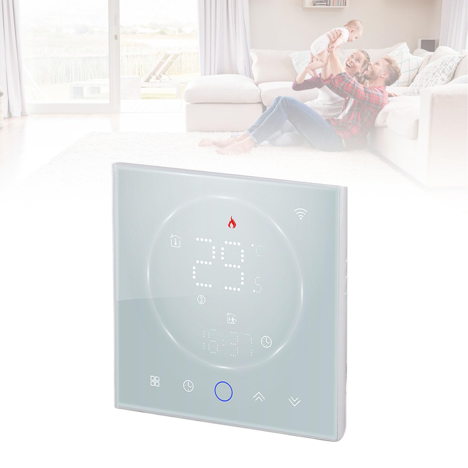 Ejoyous Programowalny Inteligentny Termostat Domowy WiFi Termostat z Ekranem Dotykowym AC95 do 240V 41 do 95F 16A Sterowanie Głosowe LED Ogrzewania Elektrycznego Mieszkanie Biurowe w Domu (WHITE)
