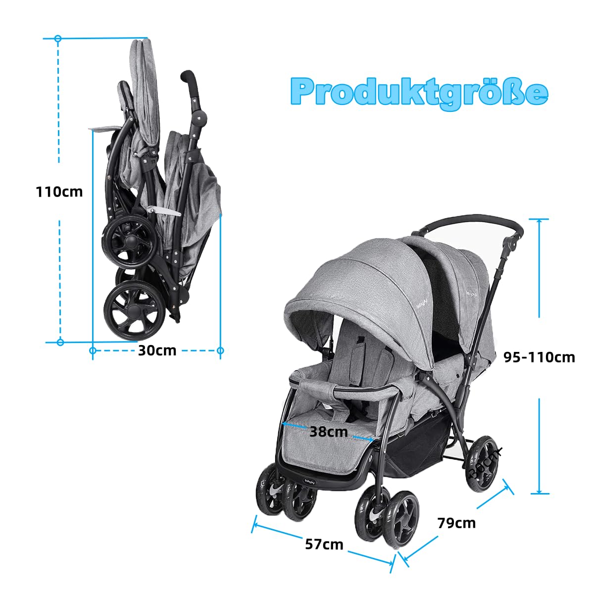 RELAX4LIFE Doppel Kinderwagen Klappbar, Geschwisterwagen mit 5-Punkt Sicherheitsgurten, Buggy Wagen mit Verstellbarem Lenker & Rückenlehne, ab der Geburt Nutzbar bis 15 kg, Grau