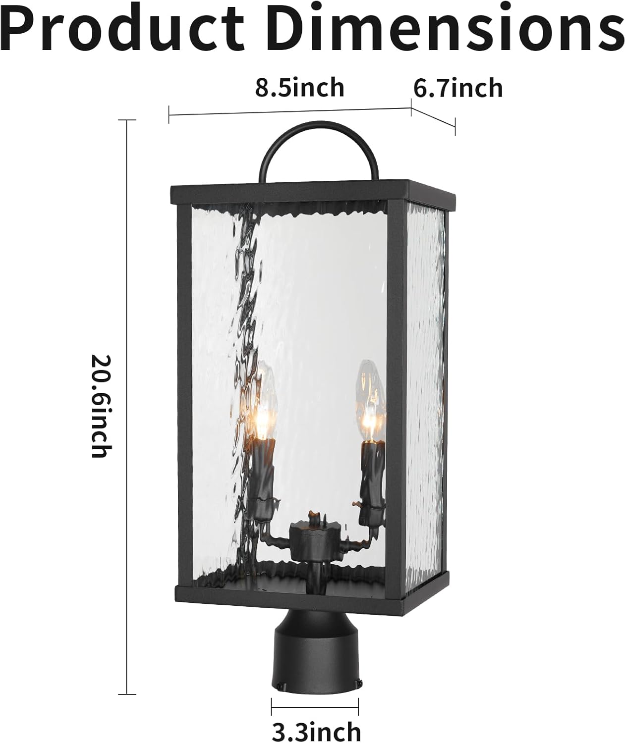Outdoor Post Light Fixture, Modern Black Pole Lantern with Water Ripple Glass, Farmhouse Exterior Post Cap Lamp with E12 Sockets for Garden, Pathway, Courtyard, Patio, Porch, Driveway, Street