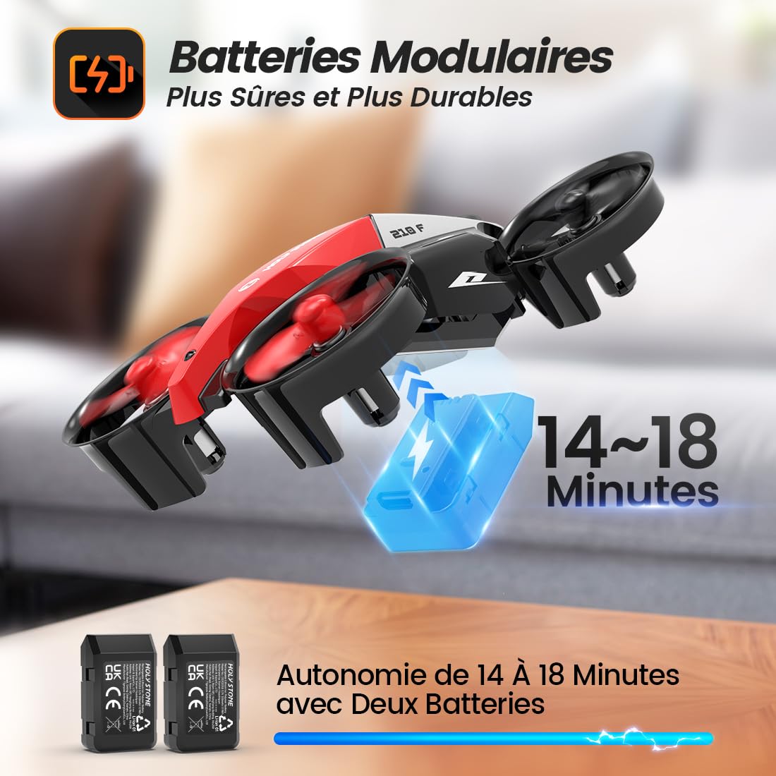 Holy Stone HS210F Mini Drone pour Enfants, RC Quadcopter 2-en-1 d'intérieur avec Lumières LED, Décollage/Atterrissage, 3D Flip, 2 Batteries Modulaires Sécurisées, Cadeau pour Garçons et Filles