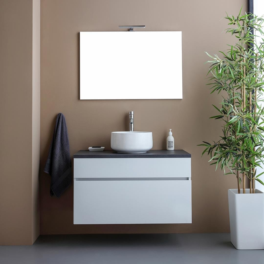 Kiamami Valentina - Mobile bagno sospeso 90cm per lavabo appoggio e specchio 90x60 | Sole
