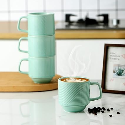 Adewnest Stackable Coffee Mug Set: 4 Pcs 15 oz Large Stacking Coffee Cups Ceramic for Cappuccino Latte - Big Porcelain Tea Mugs for Home & Office - Microwave Safe Stacked Mugs Set of 4 (Mint Green)