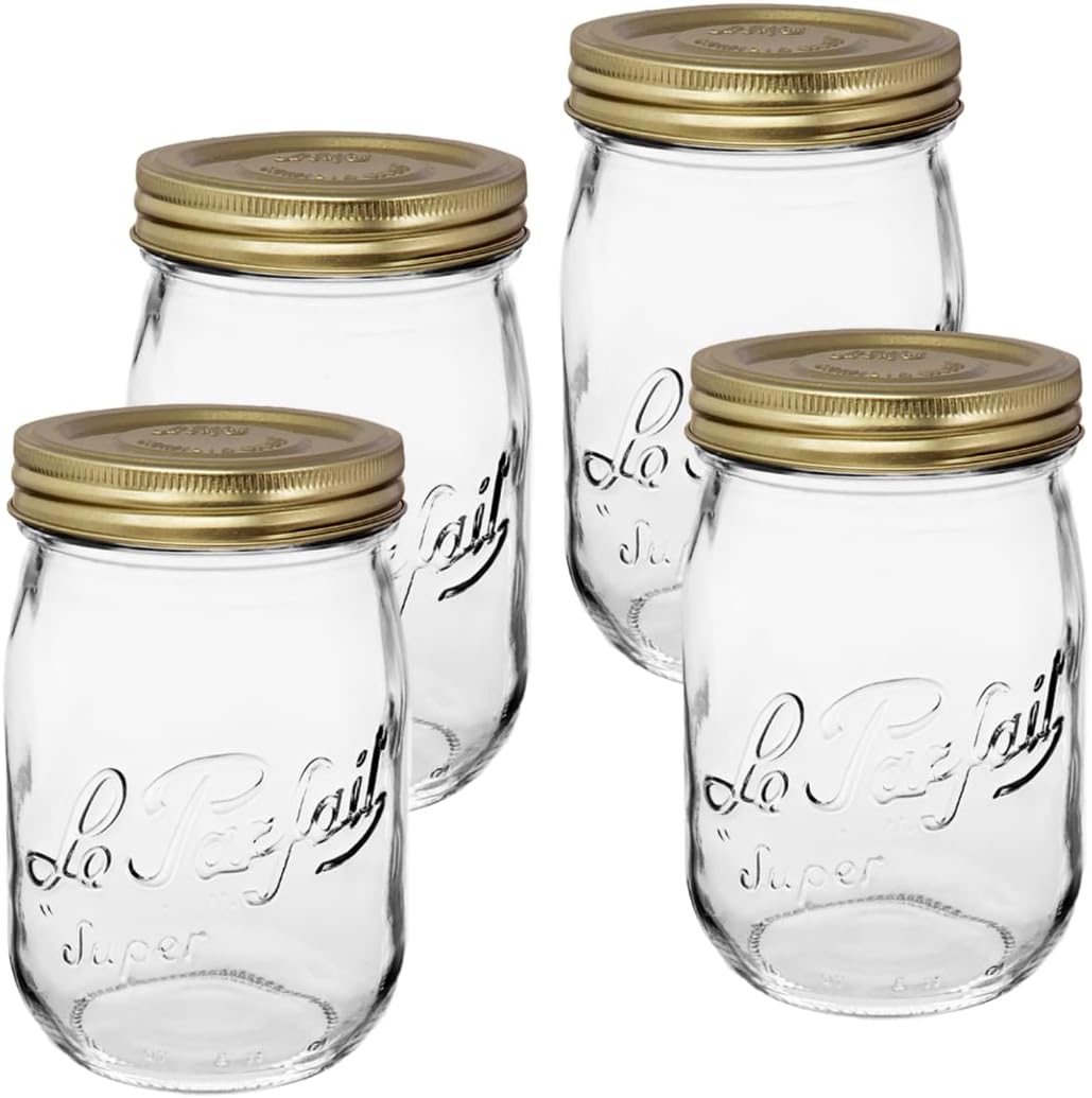 Screw Top Jars - Wide Mouth French Glass Preserving Jars - Zero Waste Packaging (4, 1000ml - 32oz - 1L Gold Lid)
