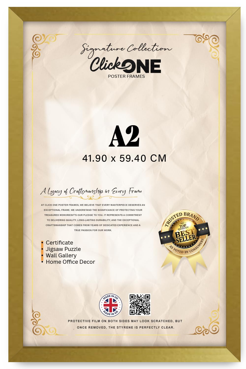 Click One Gold A2 Poster Frame 42X59.4 cm | Solid Engineered Mdf Wood, Flat Style, Uv-Protective Perspex, Horizontal & Vertical Display –