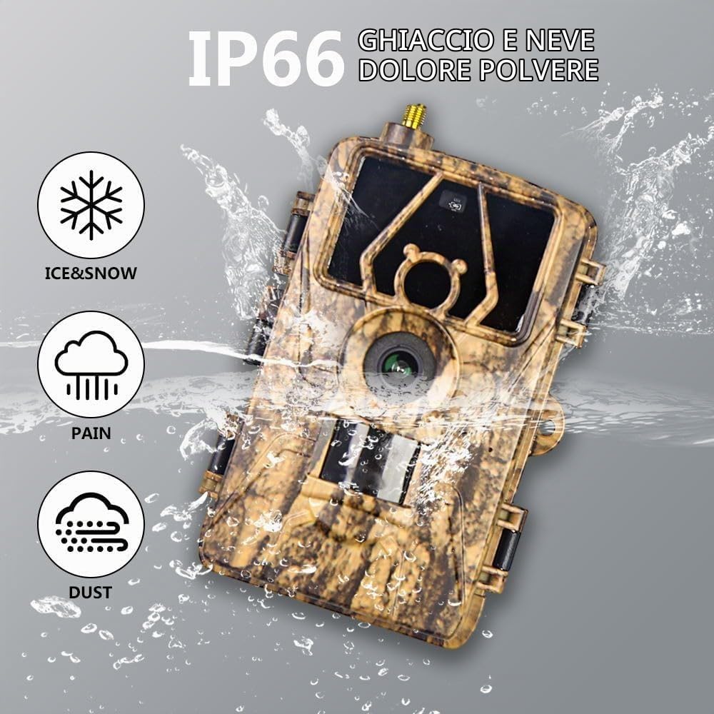 4G Profi-Wildkamera 60MP 8K con scheda di memoria da 32 GB e SIM Card 4G, Top rilevamento del movimento, flash invisibile per visione notturna, trasmissione tramite app fototrappola