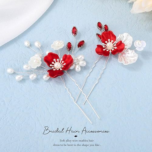 Miniatura 6 de Latious Pinzas para el pelo de novia de flores rojas, pinzas para el pelo de perlas, piezas de cristal para damas de honor, accesorios para el