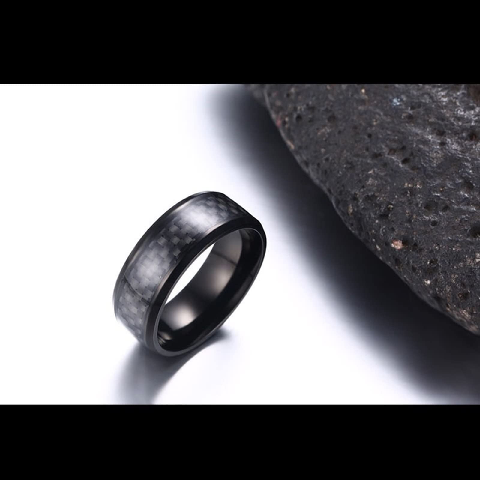 AmDxD Collar par, anillo de acero inoxidable, colgante de fibra de carbono, cadenas negras, 2 unidades para mujeres y hombres (ancho 8 mm, cadena para hombre 60 cm, cadena de 50 cm), Acero