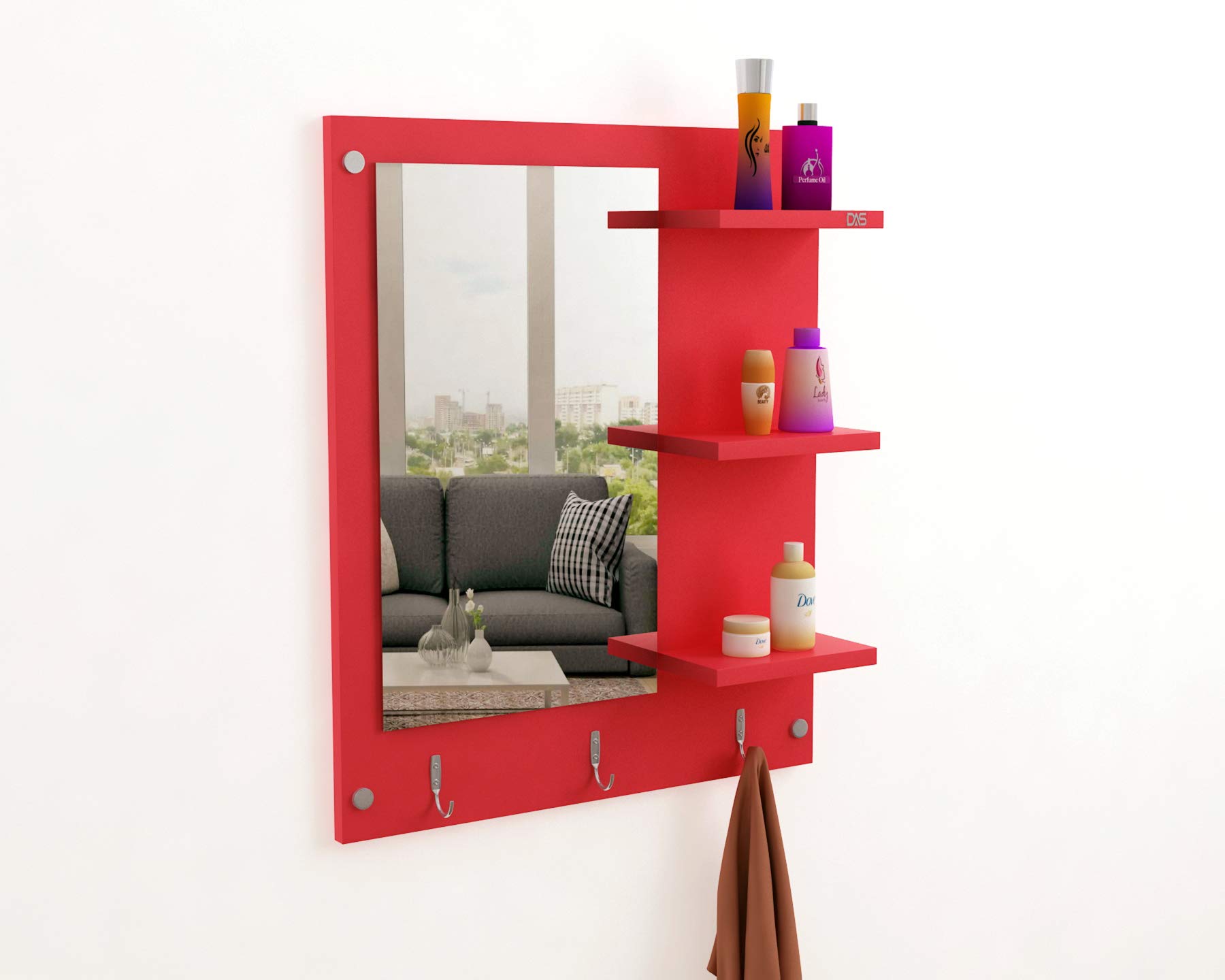 DAS Wall Mount Makeup Vanity Dresser Dressing Mirror/Glass/Table and Multipurpose Rack Shelves with Elegant Double Stainless Steel Hooks (RED)- Evelyn-image-9