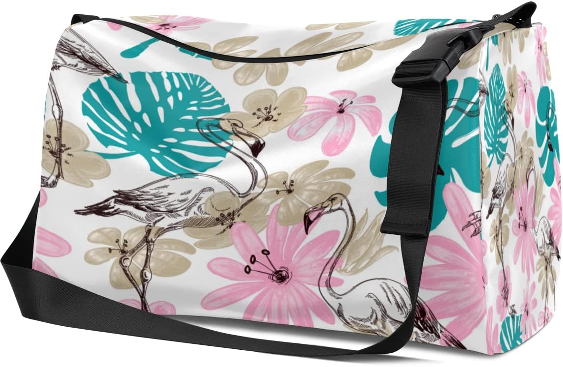 レザースポーツジムバッグ フラミンゴと花 ウィークエンダーバッグ レディース メンズ キャリーオンバッグ 動物 フラミンゴ トラベル