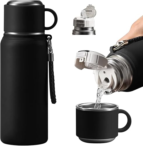Botella térmica de vacío de acero inoxidable con popote y taza, botellas de café aisladas de doble capa para bebidas calientes y frías (negro, 21.1