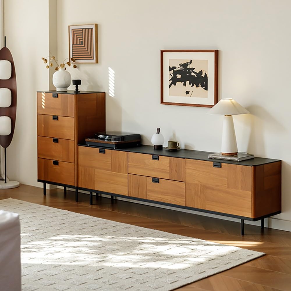 Console Multimediale Moderna 200CM Hub Intrattenimento in Impiallacciatura Legno Massello, Mobile da Deposito Vintage per Soggiorno, Adatto ad Alberghi, Alloggi Turistici e Altro
