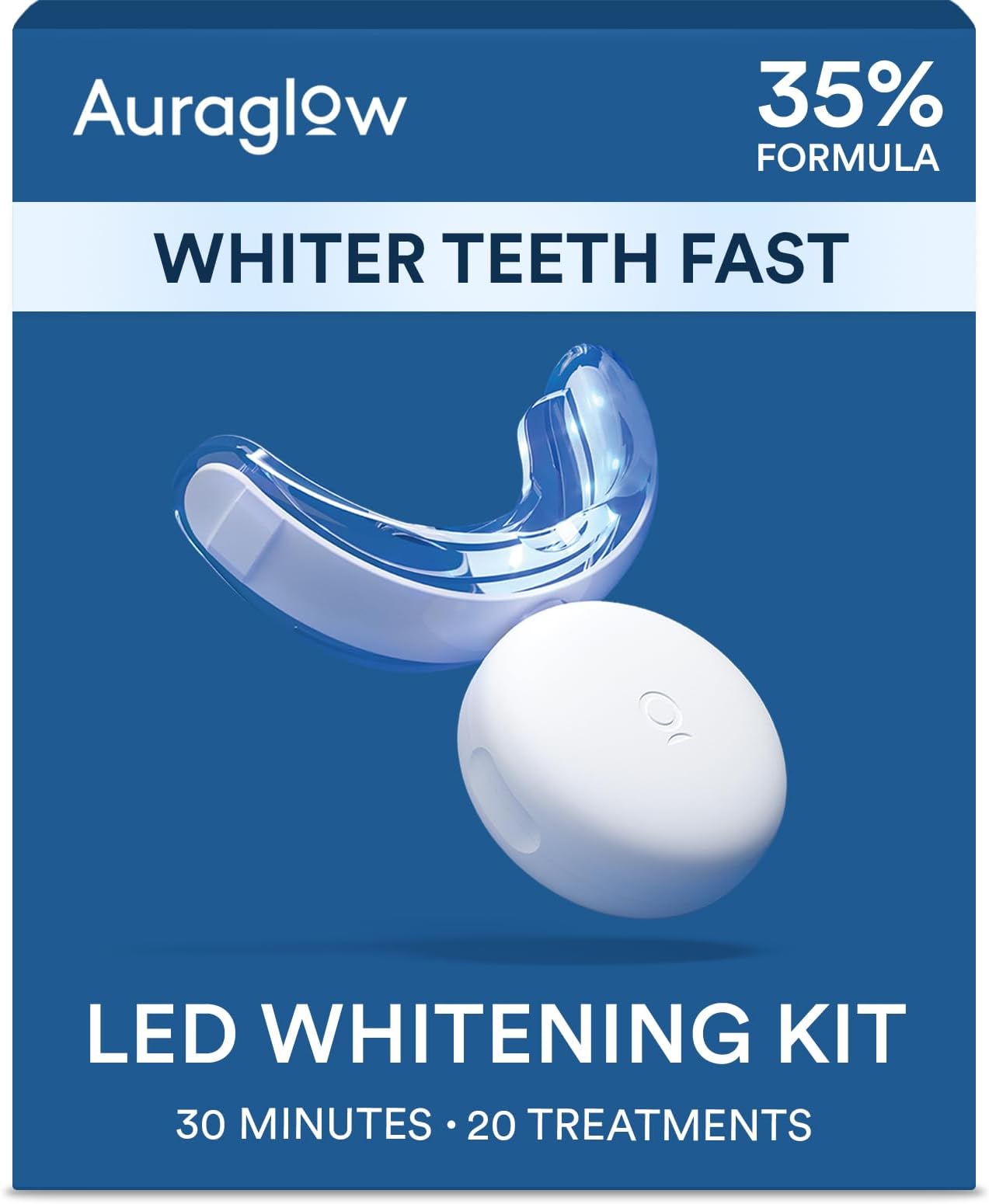 AuraGlow Teeth Whitening Kit, LED Light, 35% Carbamide Peroxide, (2) 5ml Gel Syringes, Tray and Case