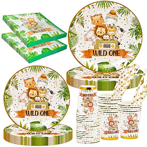 WMW 100 Stuck Dschungel Kinder Geburtstags Partygeschirr für 20 Gäste, Safari Animals-Partybesteck-Set Enthält Teller, Becher, Servietten, Strohhalme, Perfekt für Babyparty Deko Junge Cover