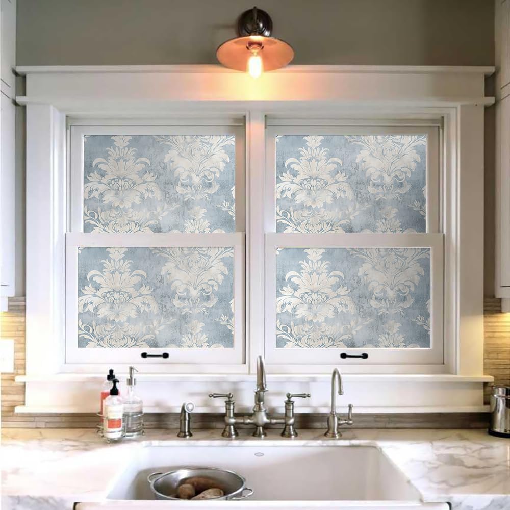 18"x236" Blue Ivory Damask Vintage Floral Peel and Stick Self Adhesive Wallpaper Removable Contact Paper Stick on Easy Peel Off Wall Paper for Kitchen Bedroom Bathroom Renter