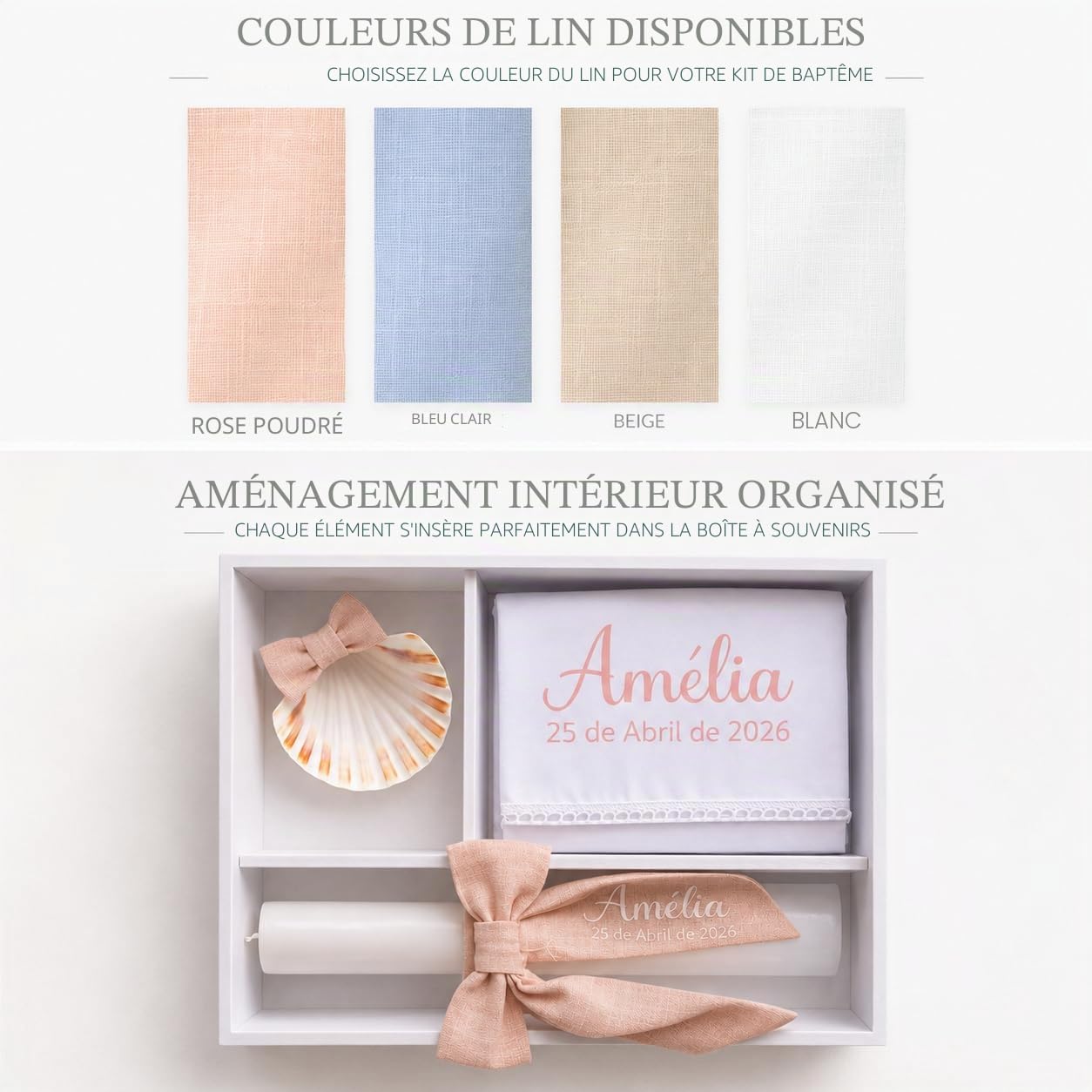 Kit de Baptême Personnalisé Bébé – Coffret Baptême avec Prénom et Date – Bougie, Serviette en Lin, Coquille Baptême – Cadeau Baptême Fille Garçon