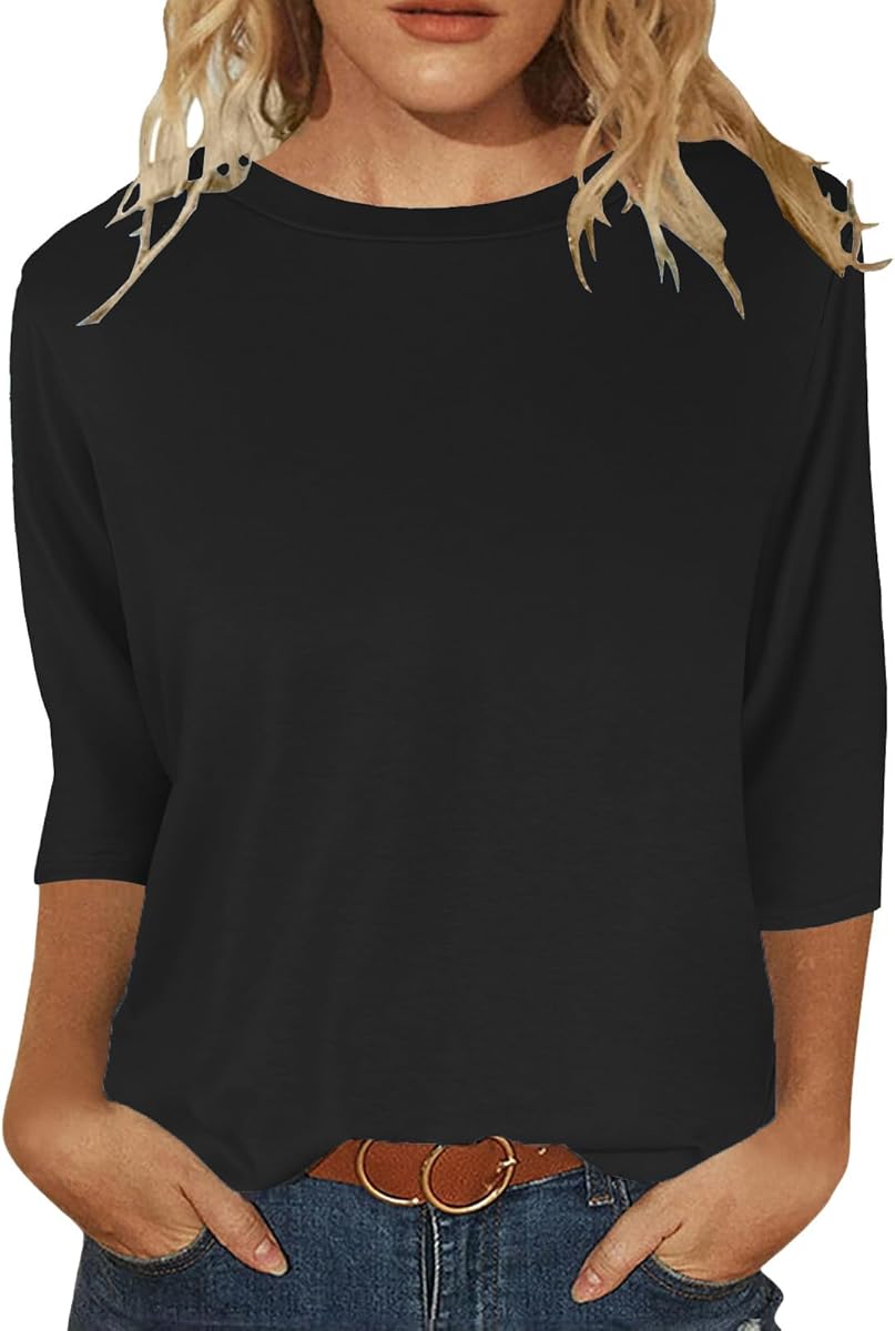 JomeDesign Womens Tops 3/4 Sleeve Shirts Round Neck Loose Casual Blouses Solid Color Tshirts