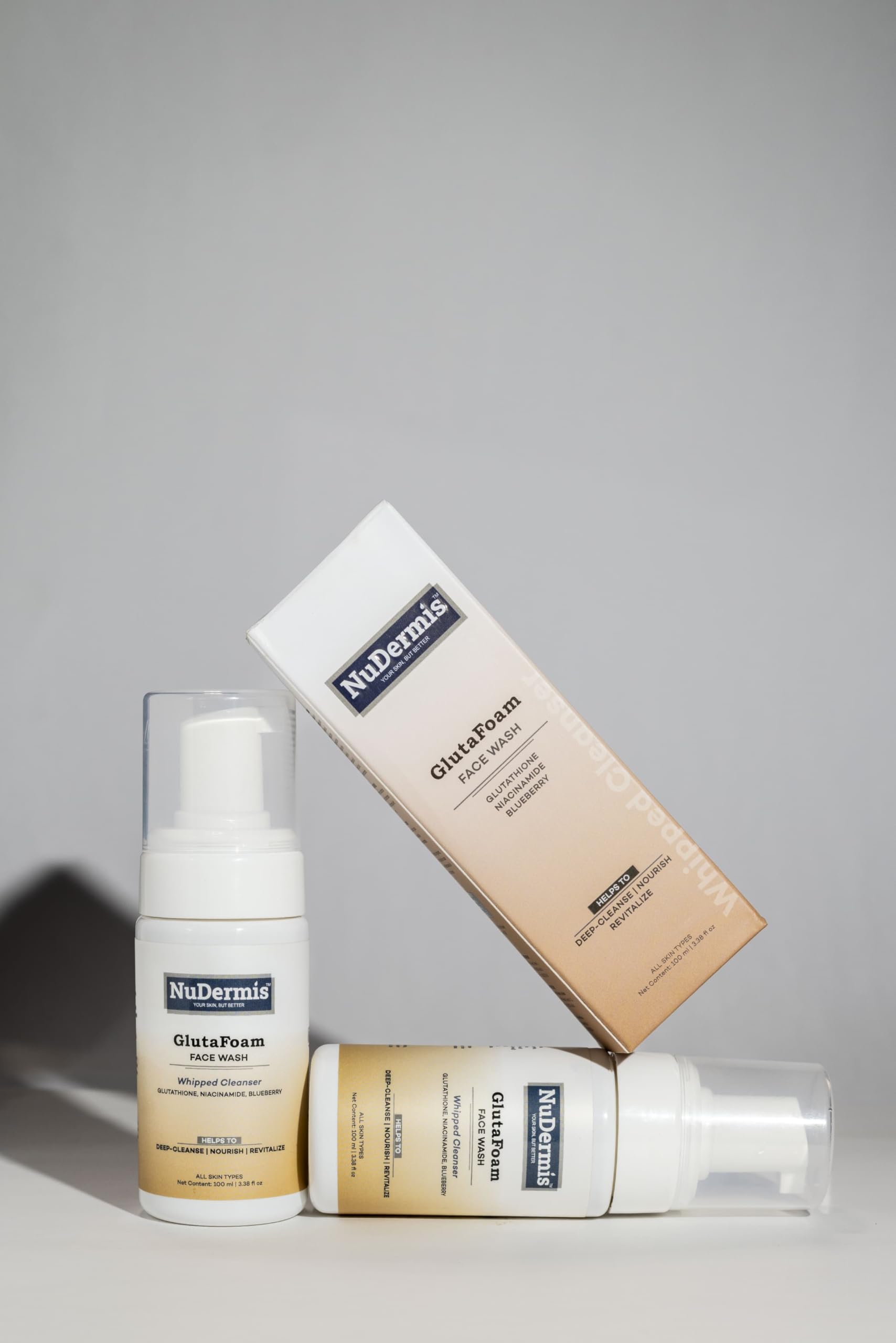 NuDermis GlutaFoam  Whipped Brightening Cleanser | Glutathione,  Niacinamide, Blueberry Extract & Antioxidants | Even-Toned Healthy Skin |  Sulphate & Paraben Free | Family Face Wash  100ml : Amazon.in: Beauty