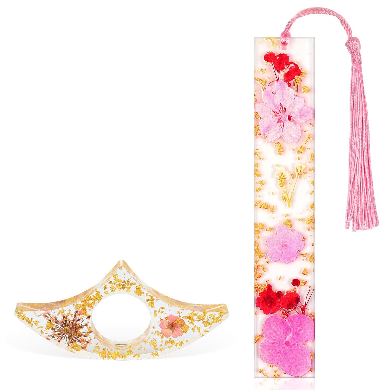 AUAUY 2 Piezas Set de Marcapáginas y Soporte para Página de Libro, Marcapáginas Flores Secas de Resina Borlas, Delicado Accesorio de Lectura, para Estudiantes, Amigos y Estudiantes(Rrosa)