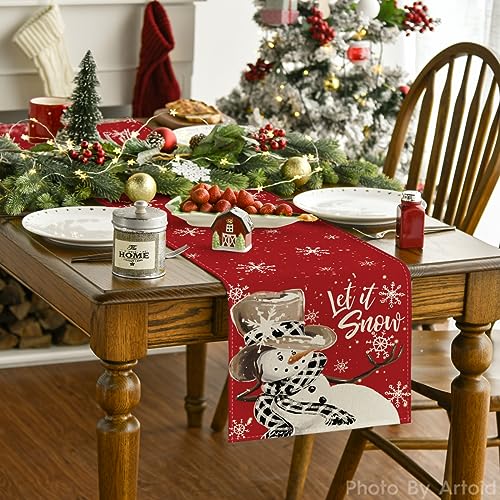 Image of Artoid Mode Red Snowman Snowflake Let it Snow Winter Table Runner, Seasonal Christmas Kitchen Dining Table Decoration for Home Party Decor 13x36 Inch