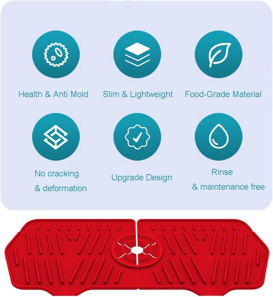 K SZKMG Kitchen Guard Faucet Mat Silicone Handle Drip Catcher Tray for Kitchen Sink Dish Soap Sponge Holder Organizer Store Sink Protector Splash Guard Cover Faucet Countertop Pad (Red)