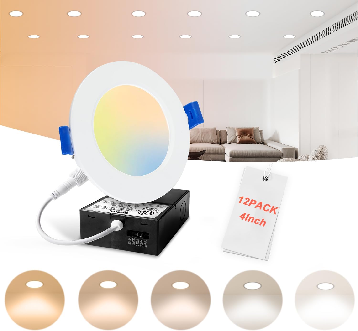 12 Pack LED Recessed Lighting 4 Inch with Junction Box, 5CCT Ultra-Thin Recessed Light, 700LM High Brightness, Dimmable Canless Wafer Downlight, 8W, FCC&ETL