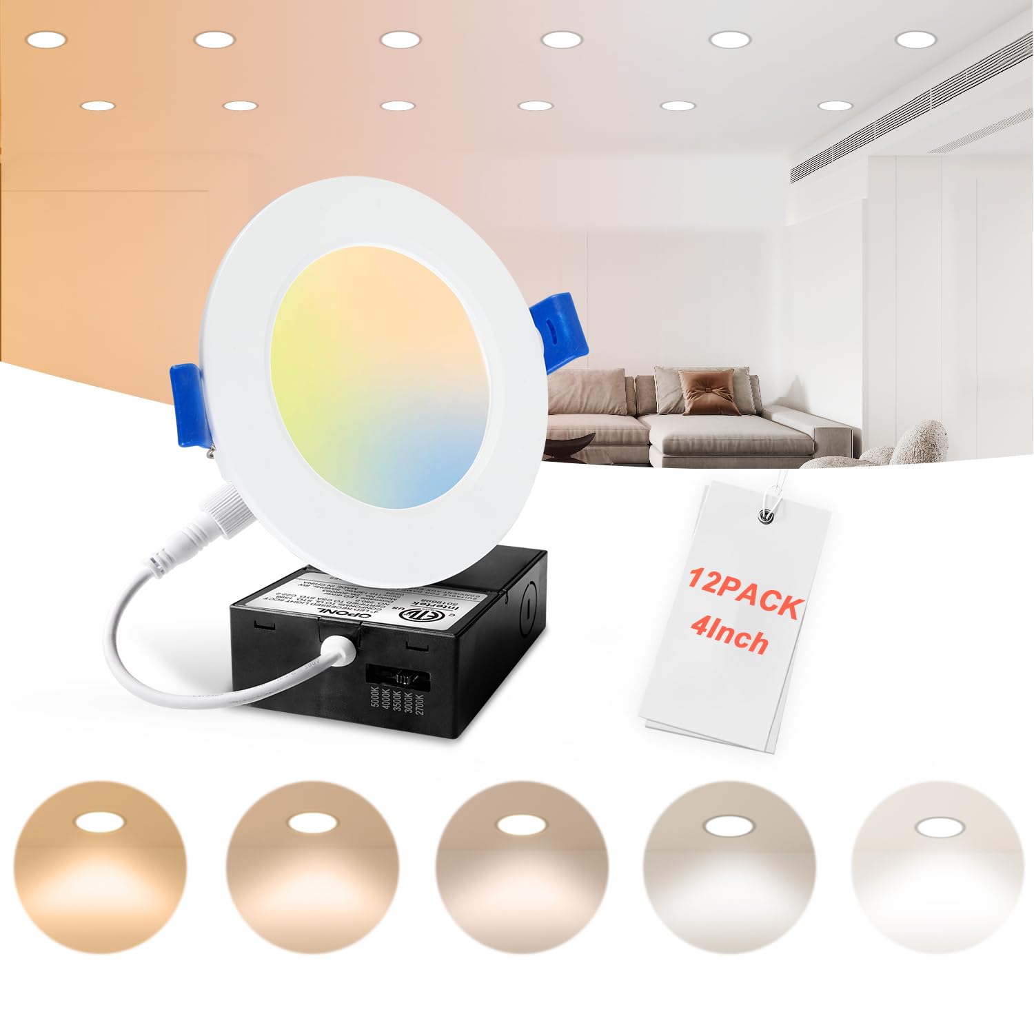 OPONL 12 Pack LED Recessed Lighting 4 Inch with Junction Box, 5CCT Ultra-Thin Recessed Light, 700LM High Brightness, Dimmable Canless Wafer Downlight, 8W, FCC&ETL