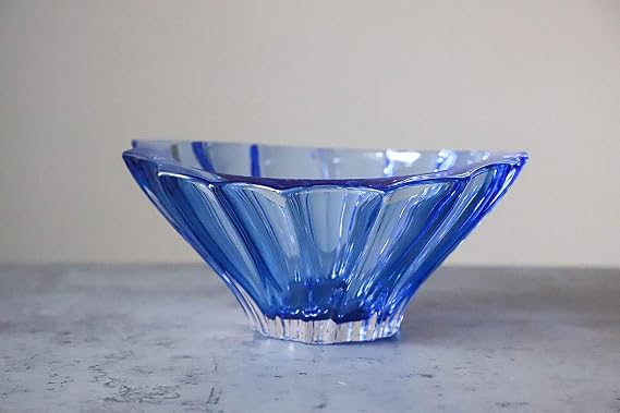Czech Bohemian Crystal Glass Bowl-Vase 8''-Dia Blue Vintage European Design ''Plantica'' Elegant Centerpiece Fruits Desserts Holiday Gift Home Decor Birthday Wedding Housewarming Anniversary