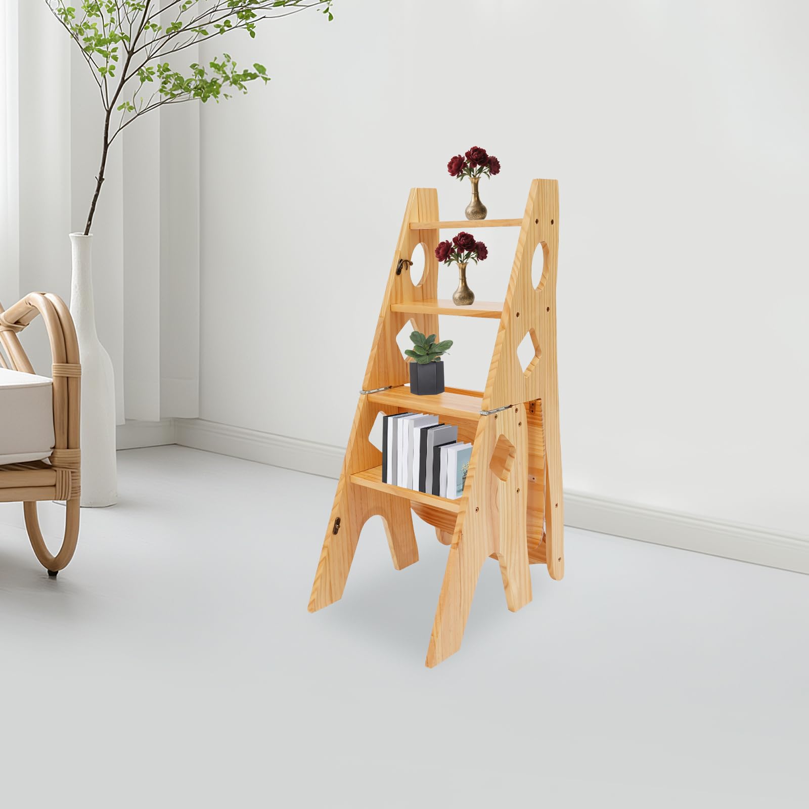 Składane krzesło biblioteczne, 4-stopniowy taboret z drewna sosnowego, składane krzesło drabinkowe, wielofunkcyjne krzesło do wchodzenia, do użytku wewnątrz i na zewnątrz, nośność 100 kg (kolor drewna