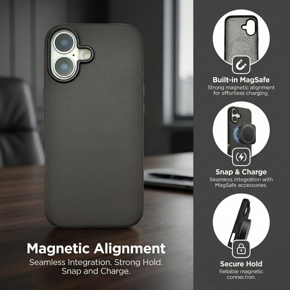 Leather Phone Case for iPhone 17, Magnetic Attraction, Camera Protection, Fingerprint Resistant (Black, iPhone 17)