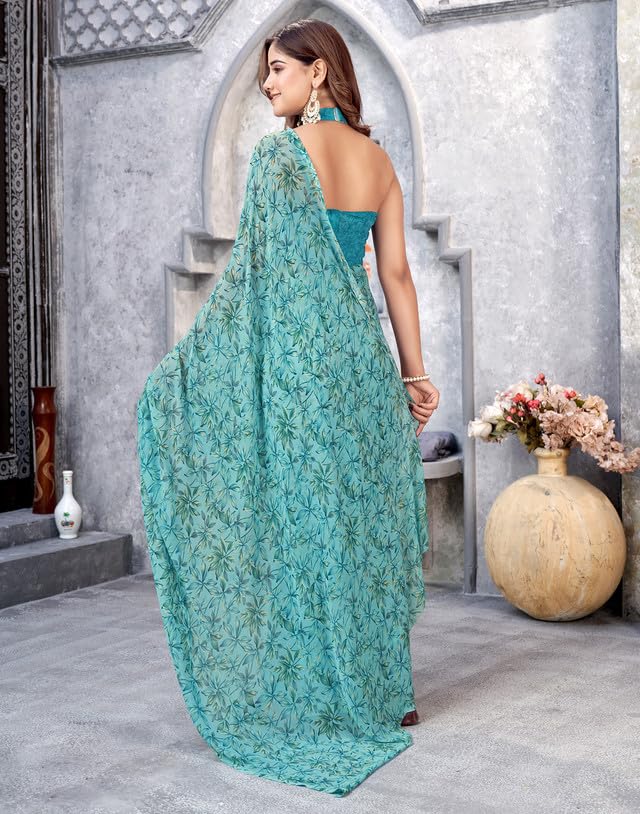 Image of SIRIL Women's Printed Georgette Saree with Unstitched Blouse (3585S104 Turquoise)