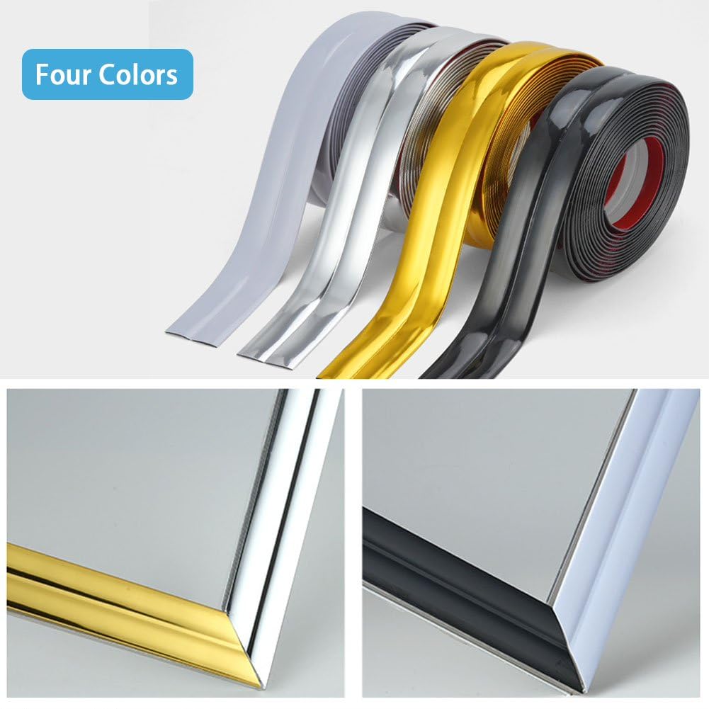 Battiscopa PVC per Angoli,3x3 cm Bordura Vinile per Pavimenti, Piastrelle, Muri, Mobili-Bordura per Piani di Lavoro della Cucina Modanatura Decorativa Flessibile Profilo Angolare, Argento 5M