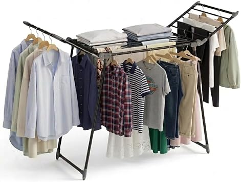 Clothes Drying Rack Foldable, Heavy Duty Metal Laundry Drying Rack for Indoor & Outdoor Use, Large Foldable Clothes Dryer Rack with 30KG Load Capacity, Space Saving Clothing Drying Rack