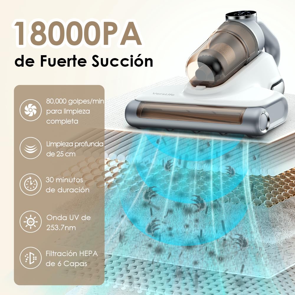 VersLife M6 Aspiradora Antiacaros para Colchones SIN Cable, 15kpa Aspirador de Ácaros Inalámbrico con Luz UV y Vibración, Aspirador de Mano Ligero, Aspiradora Antiácaros y Antibacterias para Cama