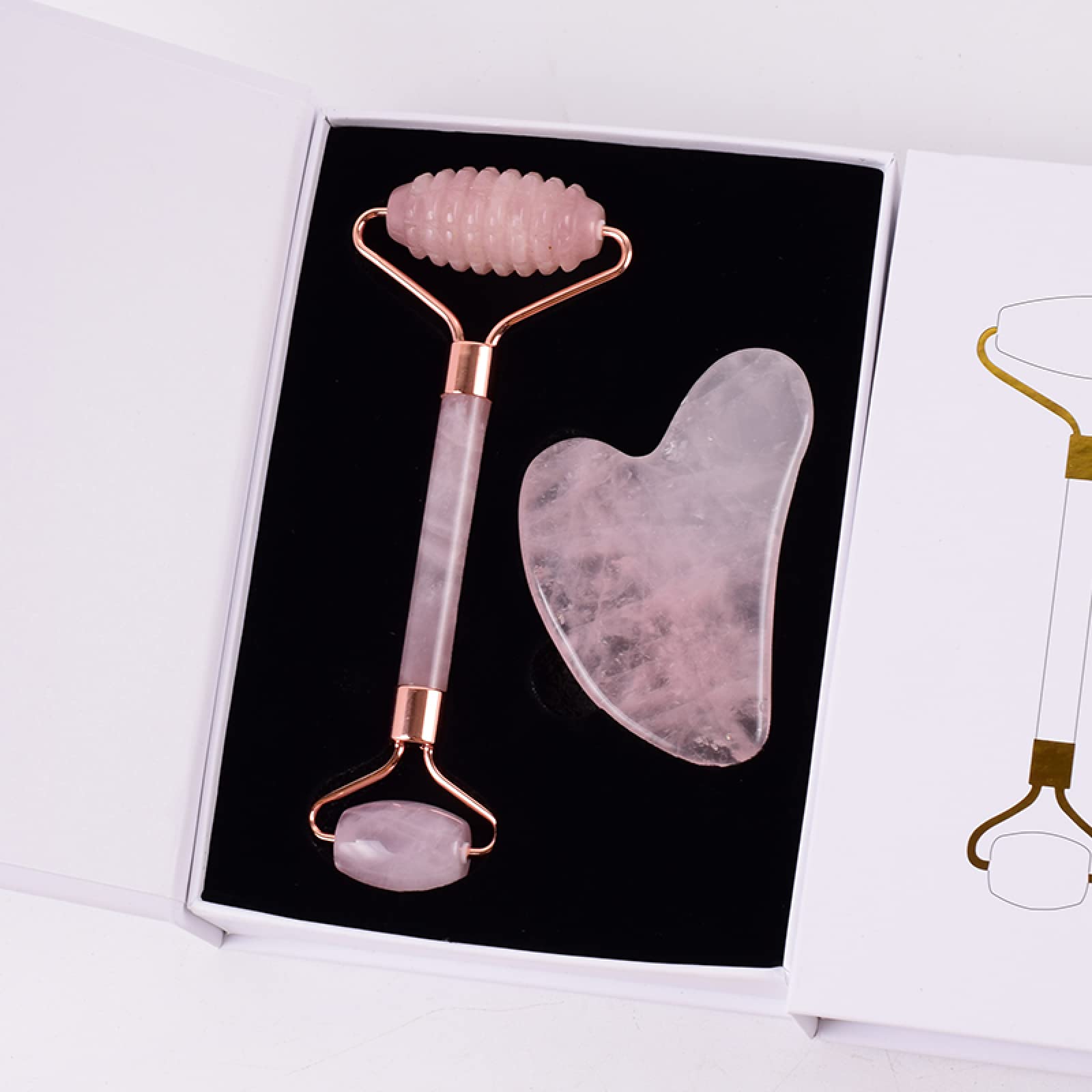 Rodillo de cuarzo rosa natural y tapas de silicona Gua Sha, juego de herramientas de cuarzo de piedra, 2 unidades