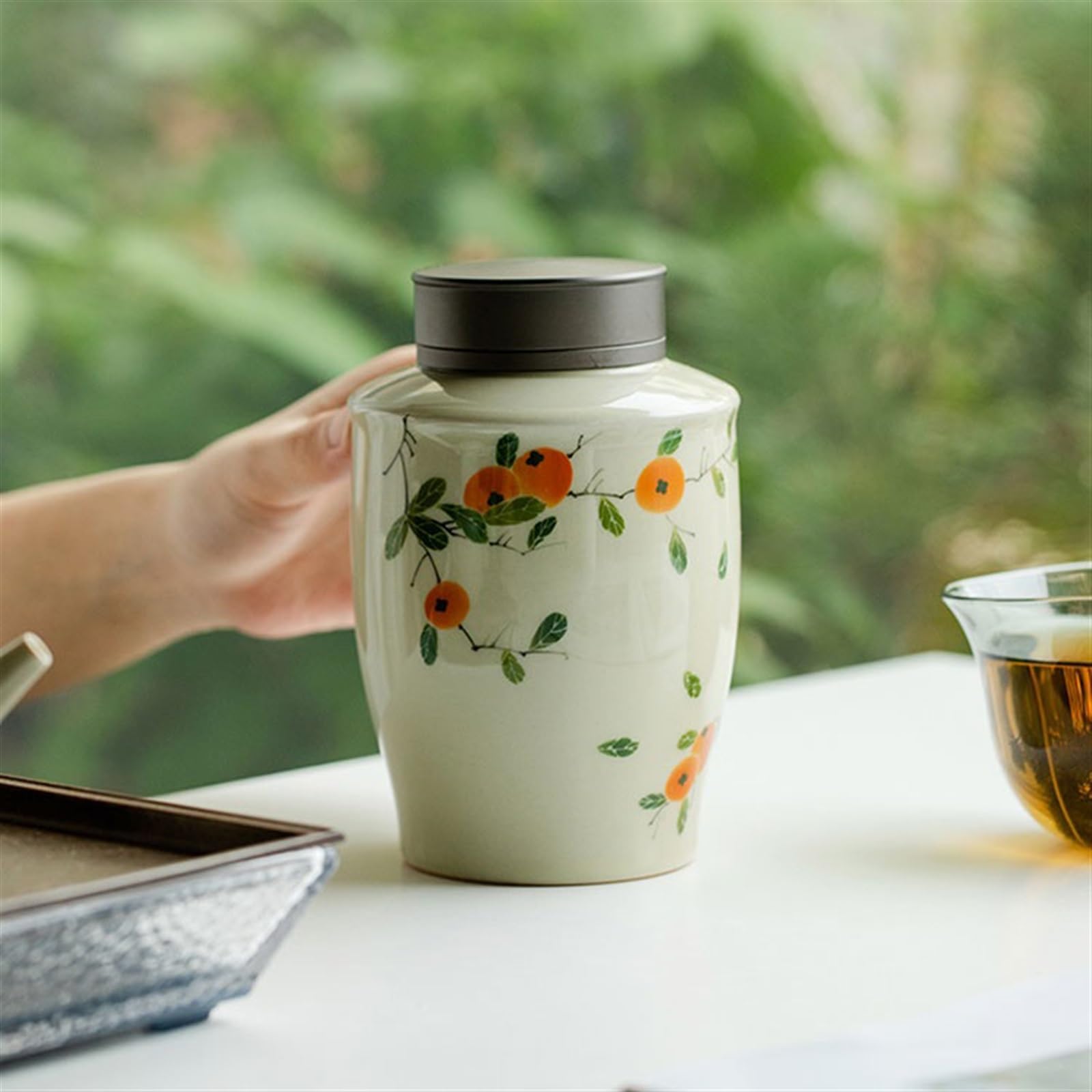 Herbata Puszki Ręcznie Malowany Wzór Khaki Tea Bottle Pot Ceramiczny Uszczelniony pojemnik z podwójną pokrywką, Puszka do przechowywania herbaty Puerh Herbata Magazyn Herbaty Box