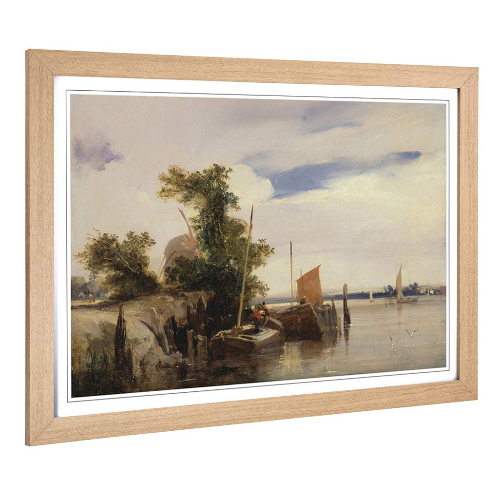 Big Box Art Framed Print of Richard Bonington Barges on a River Design | Wall Art Picture | Home Decor for Kitchen, Living Room, Bedroom, Hallway, Oak, A2 / 24.5x18 Inch / 62x45cm