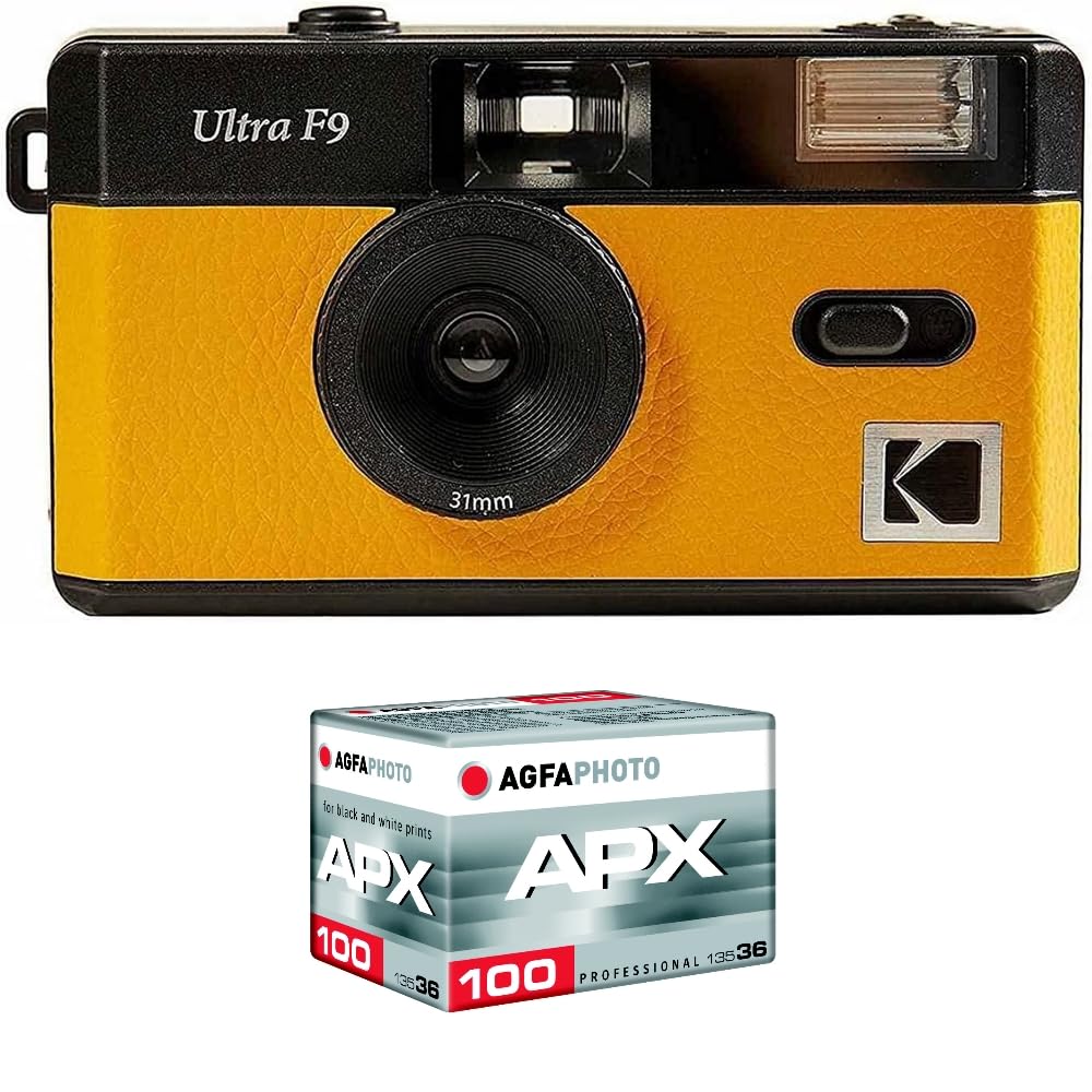 Kodak Pack F9 Argentique + Pellicule 100 ASA - Appareil Photo Kodak Rechargeable 35mm Jaune, Objectif Grand Angle Fixe, Viseur optique, Flash Intégré + Pellicule APX 100, 36 Poses