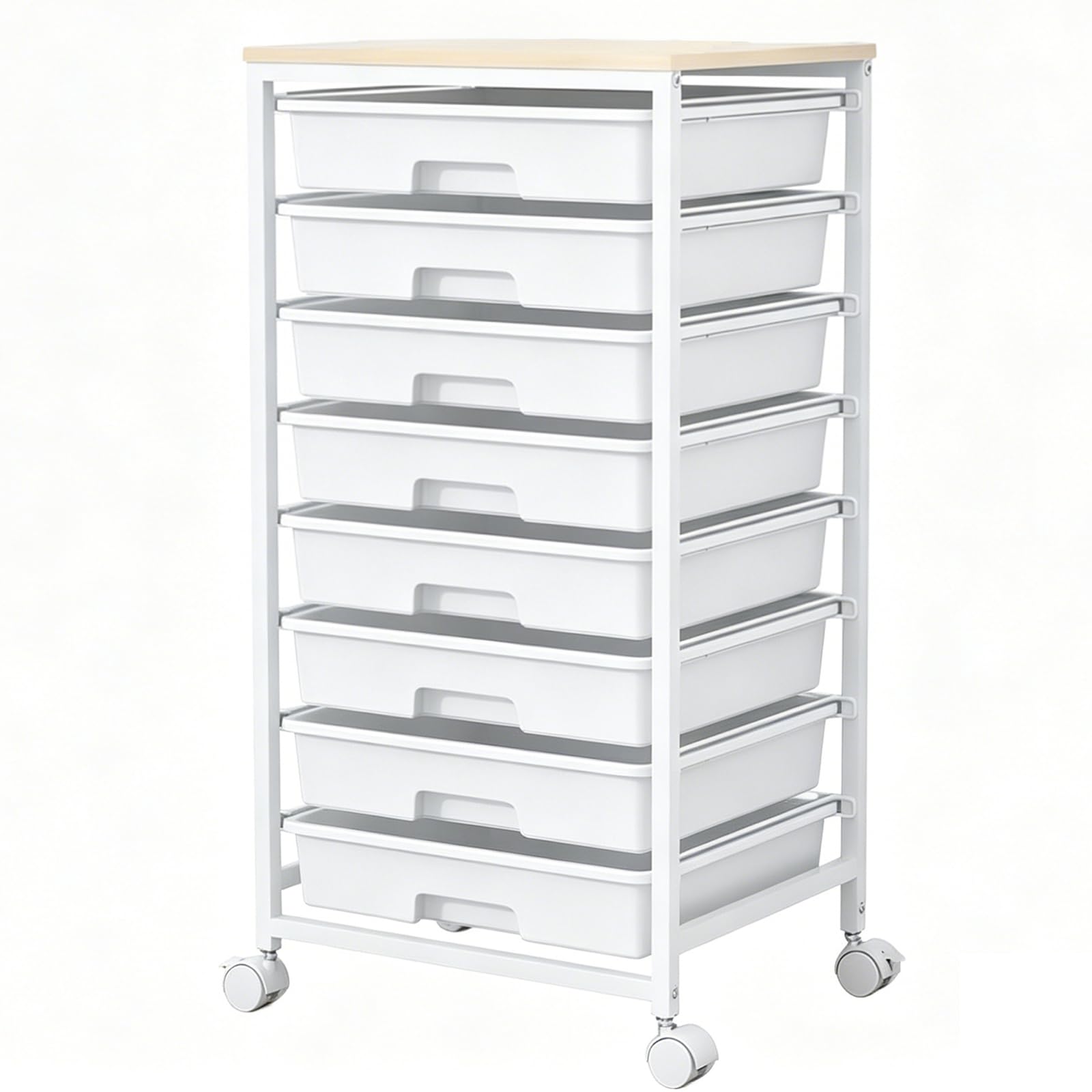 Chariot de Rangement à Roulettes avec 8 Tiroirs, Desserte à Roulettes avec Plateau en Bois, Chariot de Rangement pour Bureau, Cuisine, Salon et Chambre