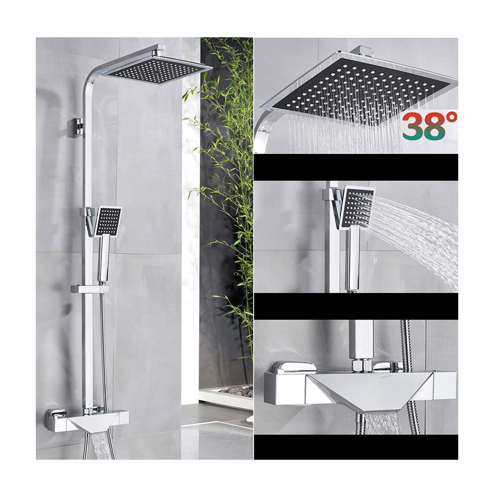OZBMA Shower Set Thermostatic System Wall Mounted Faucet Multifunction Combo with Square Head, Handheld Shower, Waterfall Bathtub Spout,Chrome (Chrome Shower Set)