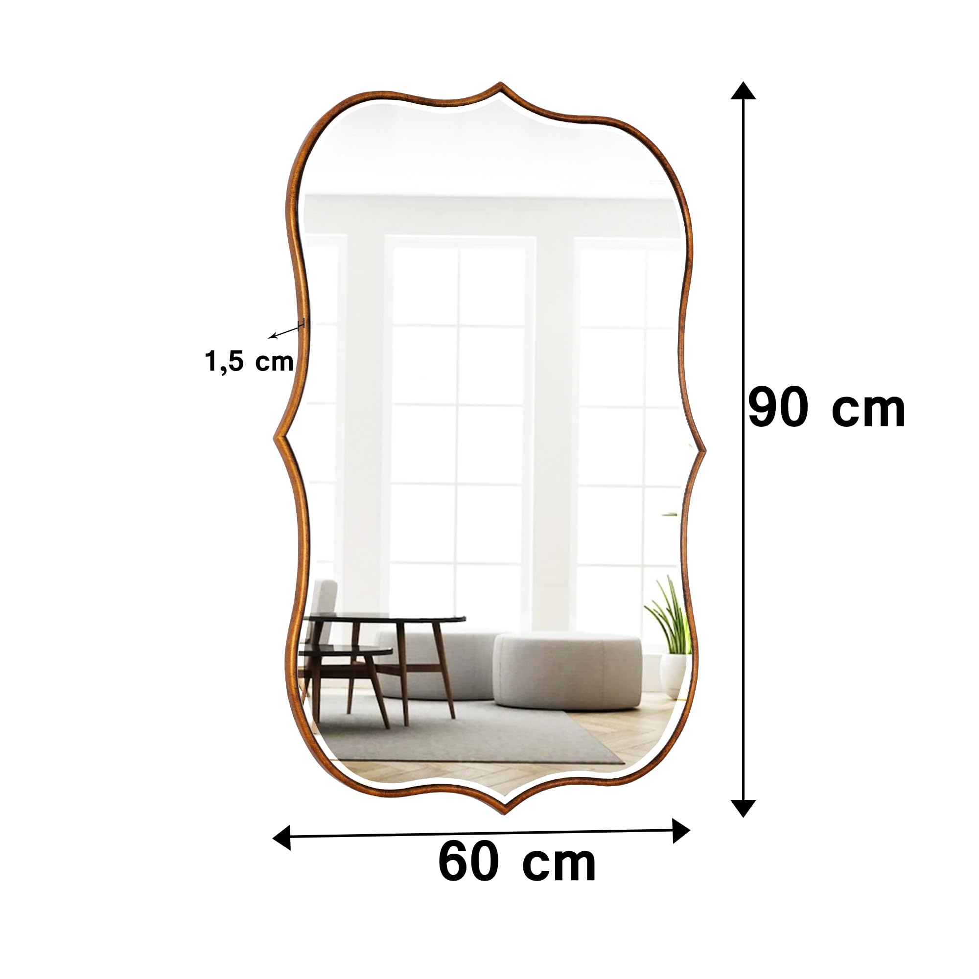 SHYFOY Specchio da Parete Moderno, 90 x 60 cm, Grande Specchio da Bagno Oro, Specchio Ondulato Asimmetrico con Cornice in Legno Smerlato, Specchio da Parete Dorato per Soggiorno