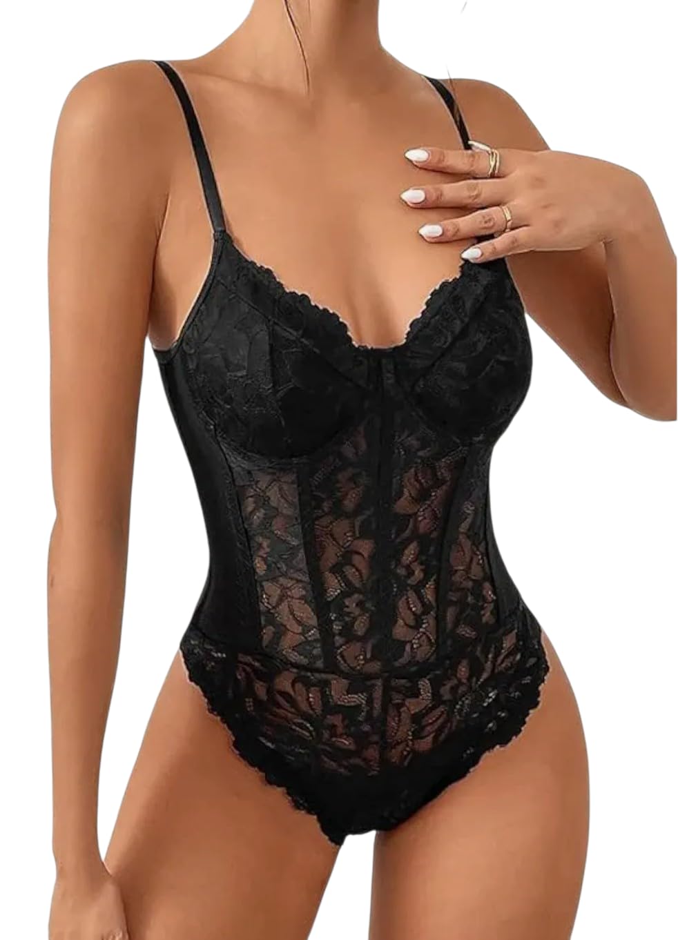 Women's Black Lace Bodysuit Lingerie, Sheer Floral Lace Teddy with Adjustable Straps, Slim Fit Design
