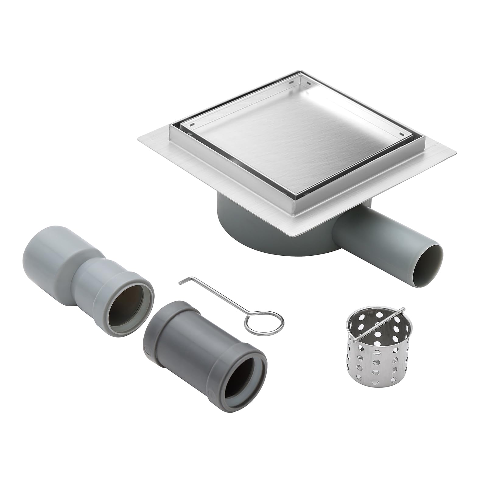 Canaleta de ducha cuadrada de acero inoxidable con sifón de 360°, filtro de pelo, filtro de pelo 2 en 1, desagüe de ducha de 150 x 150 mm, 2 adaptadores de desagüe DN50 DN40