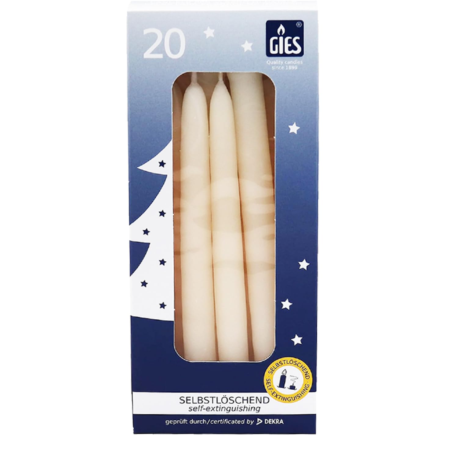 GIES Kerzen Set Creme | 200er Pack selbstlöschende Baumkerzen Wachs 12,4 cm x 1,2 cm (10x20 Stück) | Weihnachtskerzen Pyramidenkerzen Christbaumkerzen | Handgetauchte Qualität