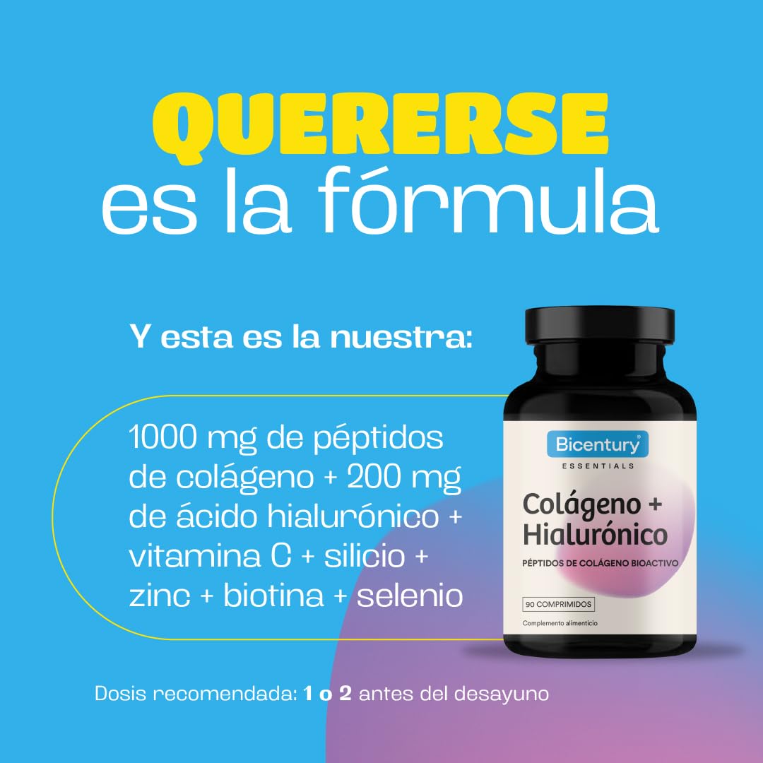 Bicentury Colágeno Ácido Hialurónico - Complemento Alimenticio con Péptidos de Colágeno Bioactivo, Ácido Hialurónico, 2 vitaminas y 2 minerales, 90 comprimidos